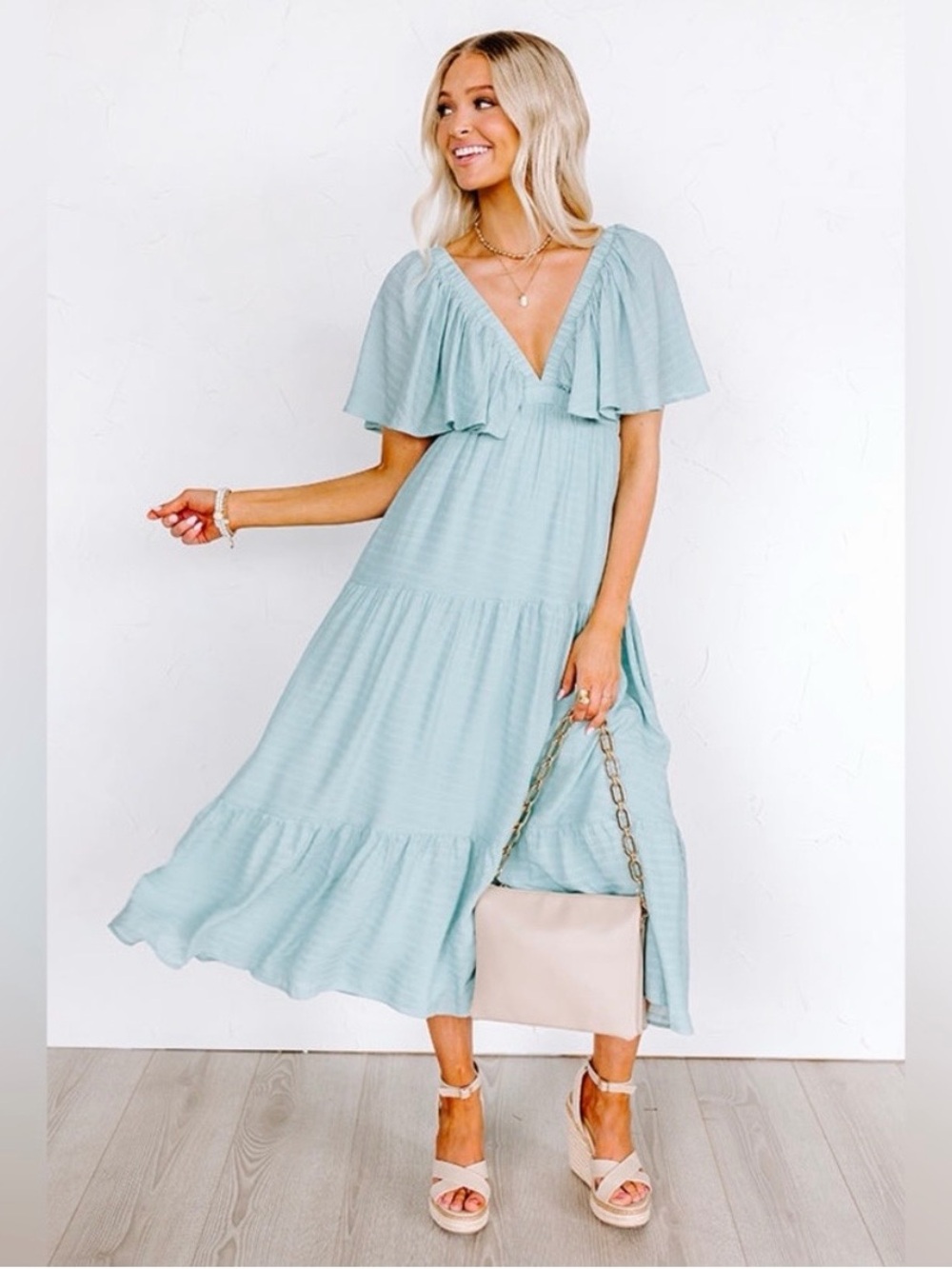 Lalavon Seafoam Green Flutter Sleeve Tiered Midi Dress Large Boho
